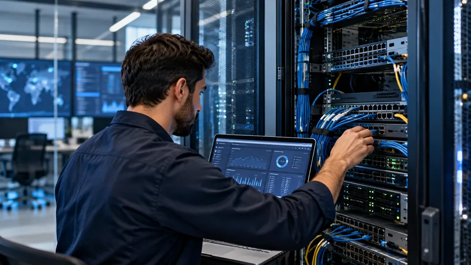 Técnico conecta cableado de red en un rack de servidores