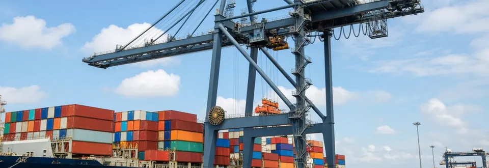 Grúas de un terminal portuario cargan contenedores en un buque